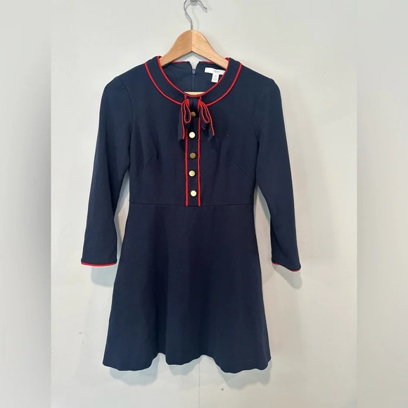 1901 Navy blue red bow a line fit flare long sleeve dress size 4P preppy 1096 - Picture 2 of 11